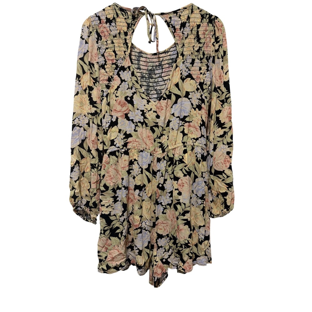 American Eagle Vintage Floral Smocked Romper Long Sleeve Pockets Black Large - Picture 2 of 11